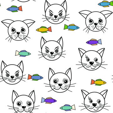 Seamless vector pattern of black and white cats and colored fish. On the faces depicted different emotions, each has its own character. For paper, cover, fabric, gift wrap, wall art, home decor. 