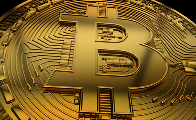 Bitcoin- Digital currency- Golden bitcoin coin- 3D rendering 
