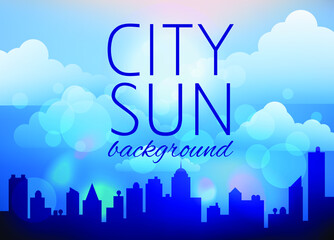 Fototapeta premium Vector night evening city silhouette background with clouds and bokeh