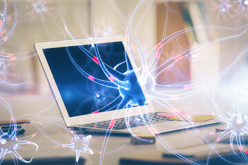 Desktop computer background and neuron drawing. Double exposure. Education concept.