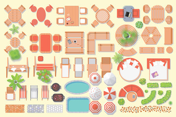 Icons set. Outdoor furniture and patio items. (top view) Isolated Vector Illustration. Tables, benches, chairs, sunbeds, paths, pool, swings, umbrellas, plants. (view from above). Furniture store.