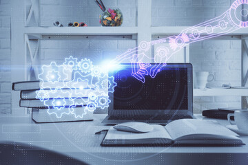 Technology theme drawing and work space with computer. Multi exposure. Concept of innovation.