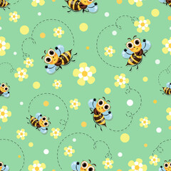 Bee meadow. Bee swarming, honey bees fly in a flower meadow. Cute cartoon character. Seamless pattern. 