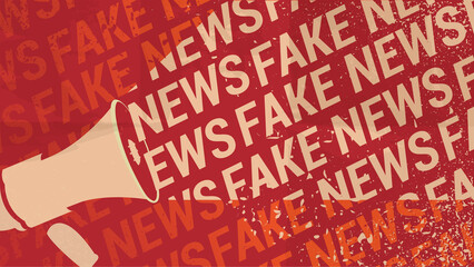 Fototapeta na wymiar Fake News Template. Megaphone And Text On Crumpled Red Paper Background. Hoax, Propaganda And Disinformation Concept. Editable EPS Vector Illustration