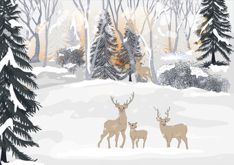 Vector winter landscape with bright sunbeams. Reindeer family standing in forest pine trees covered with snow on frosty evening. Beautiful winter panorama with snow falling