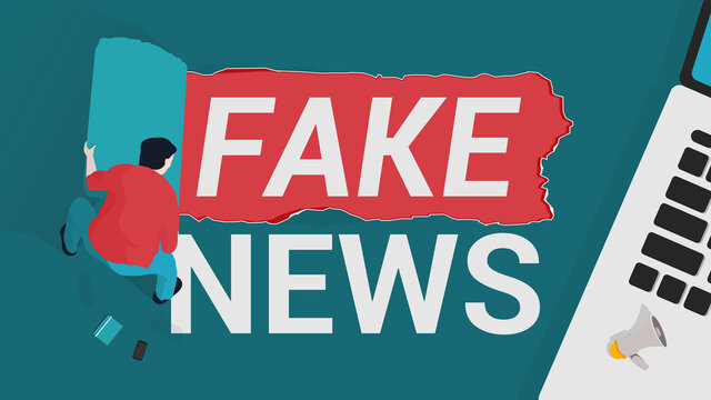 Stop Fake News. Young Man Reveal What Is Hidden Beneath The Surface. Megaphone, laptop and smartphone on the floor. Debunking, Hoax, Propaganda And Disinformation Concept. Editable Vector Illustration