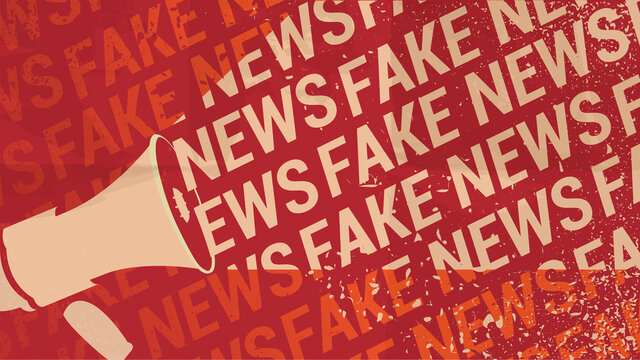 Fake News Template. Megaphone And Text On Crumpled Red Paper Background. Hoax, Propaganda And Disinformation Concept. Editable EPS Vector Illustration