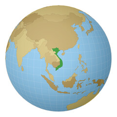 Globe centered to Vietnam. Country highlighted with green color on world map. Satellite projection view. Vector illustration.