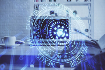 Technology theme drawing and table with computer. Multi exposure. Concept of information.