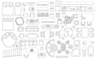 Fototapeta na wymiar Set of linear icons. Interior top view. Isolated Vector Illustration. Furniture and elements for living room, bedroom, kitchen, bathroom. Floor plan (view from above). Furniture store.