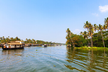 Panorama of tourist houseboat on Kerala backwaters. Kerala, India