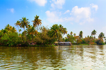 Panorama of tourist houseboat on Kerala backwaters. Kerala, India