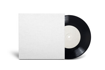 Vinyl single record in cardboard cover on white background.