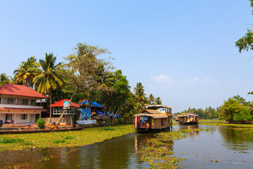 Panorama of tourist houseboat on Kerala backwaters. Kerala, India