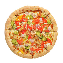 Whole round pizza isolated on white background.