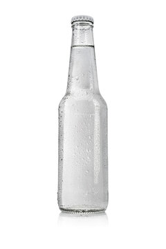 Transparent glass bottle with water without label isolated on white.