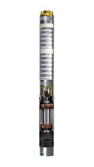 Borewell submersible pump with a cut body to demonstrate the internal structure. Showing of a copper motor winding. Copper motor winding. Isolated on white background.