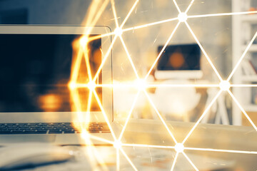 Computer on desktop with social network theme icon. Multi exposure. Concept of international...