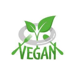Vegetarian food - plate with knife, fork and green sprout with leaves - healthy organic food - vector vegan lable concept for restaurants, food packaging, warning tags, marks or stickers