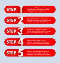 Infographics template for brochure, web site or presentation - 5 steps with creative numbering on red substrate background