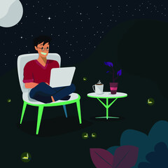 Vector Graphic Illustration of Young Man Working/Studying in front of Laptop in Outdoor at Night, Working From Home Illustration. Flat Design Style