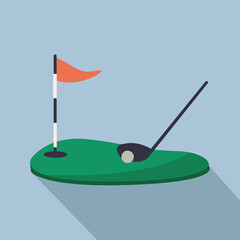 play golf game icon flat design graphic. sport club illustration simple symbol with red flag vector, stick & hole isolated. golfing outdoors on the grass in blue background for business & motivated