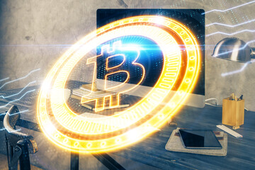 Double exposure of blockchain and crypto economy theme hologram and table with computer background....
