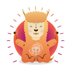 Vector funny cute Lama sitting in yoga lotus pose and relaxing meditates. Adorable cartoon animal illustration. Art for design posters, t-shirts, invitations