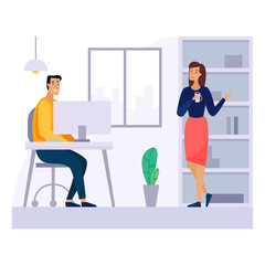 Man and woman with cup in office. Working break and talks. Flat cartoon style.