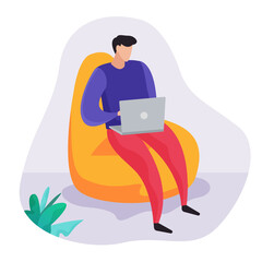Man with computer sitting in bean bag chair in office. Flat cartoon style vector illustration. Vector illustration