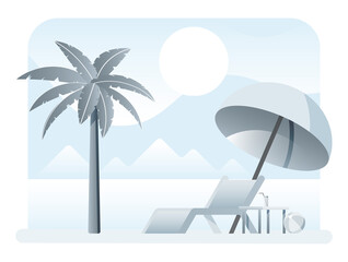 Fototapeta na wymiar Landscape of chaise lounge or sunlounger, palm tree on beach. Umbrella and table with glass. Sun with reflection in water, clouds. Day in tropical place. Minimalist design in grey tones. Flat vector