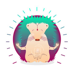 Vector funny cute Hedgehog sitting in yoga lotus pose and relaxing meditates. Adorable cartoon animal illustration. Art for design posters, t-shirts, invitations