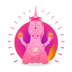 Vector funny cute Unicorn sitting in yoga lotus pose and relaxing meditates. Adorable cartoon animal illustration. Art for design posters, t-shirts, invitations
