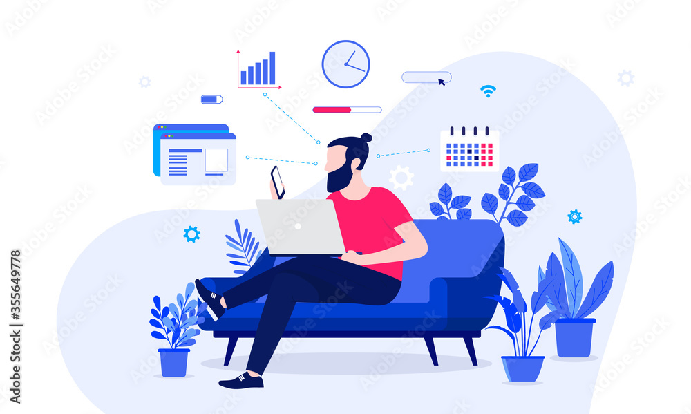 Poster man remote working - bearded male hipster working at home in couch on laptop and smartphone. graphs,