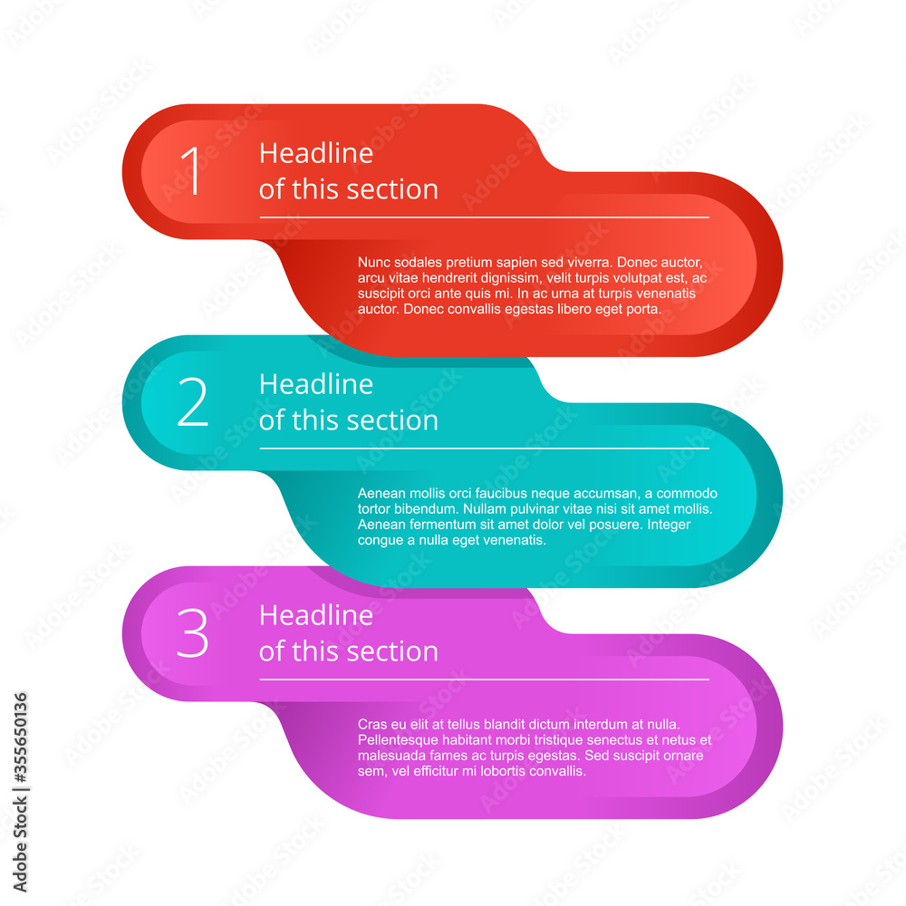 Poster three steps infographic with rounded smooth shape elements and sample text - vector presentation dec