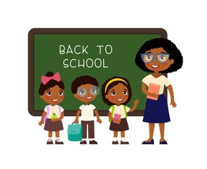 Teacher greeting pupils in classroom flat vector illustration. Boys and girls dressed in school uniform and female teacher pointing at blackboard cartoon characters. Primary students back to school