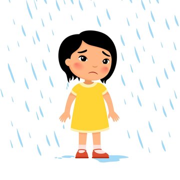 Unhappy girl under rain flat vector illustration. Sad preteen child in bad rainy weather. Asian kid with dark hair getting wet under downpour. Isolated cartoon character 