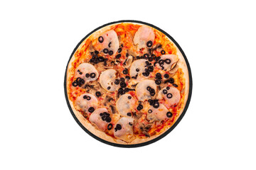 Tasty pizza with ham, mozzarella, mushrooms and olives on a slate platter, isolated on white background with clipping path, top view