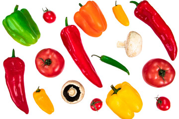 Collection of various vegetables: tomatoes, bell peppers of different colors, mushrooms, mini sweet peppers, cherry tomatoes and kapia peppers isolated on white background. Healthy food