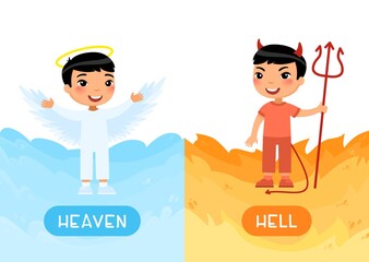 Opposites concept, HEAVEN and HELL. Flash card with child in masquerade outfit vector template. Word card for English learning.