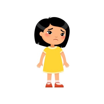 Sadness little asian girl flat vector illustration. Upset child standing alone cartoon character. Lonely kid in bad mood, person unhappy expression isolated on white background