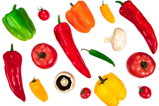 Collection Of Various Vegetables: Tomatoes, Bell Peppers Of Different Colors, Mushrooms, Mini Sweet Peppers, Cherry Tomatoes And Kapia Peppers Isolated On White Background. Healthy Food