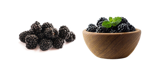 Blackberries isolated on white background. Blackberries with copy space for text. Sweet and juicy berry. Heap of blackberries on white background. Black berry.