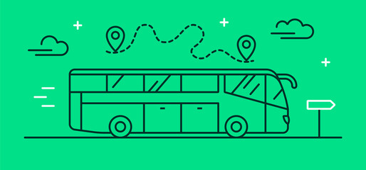 Flat vector illustration on the theme of logistics, transport and travel with a large tourist bus. Intercity bus icon in linear style.