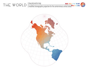 Abstract geometric world map. Modified stereographic projection for the conterminous United States of the world. Red Yellow Blue colored polygons. Stylish vector illustration.