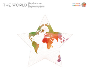 World map in polygonal style. Berghaus star projection of the world. Colorful colored polygons. Neat vector illustration.