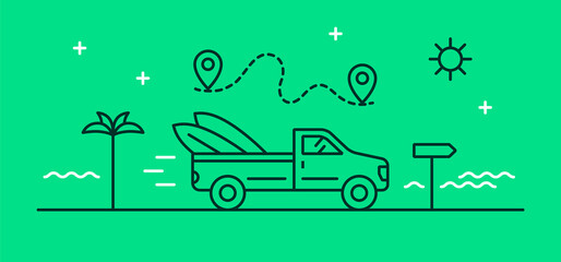 Vector illustration on the theme of transport and travel with a pickup truck that goes to the beach with surfboards in the back. Linear style icon. © Natalia Solovey