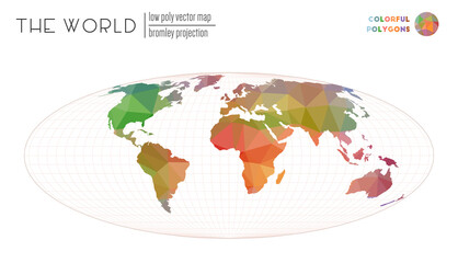 World map with vibrant triangles. Bromley projection of the world. Colorful colored polygons. Elegant vector illustration.