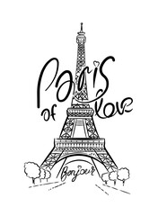 Fototapeta na wymiar Eiffel Tower in Paris. Linear drawing. Lettering, calligraphy. Vector line illustration. 