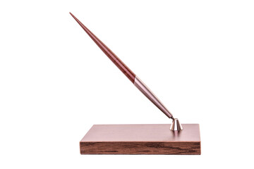 Fountain pen on wooden stand isolated on white background.